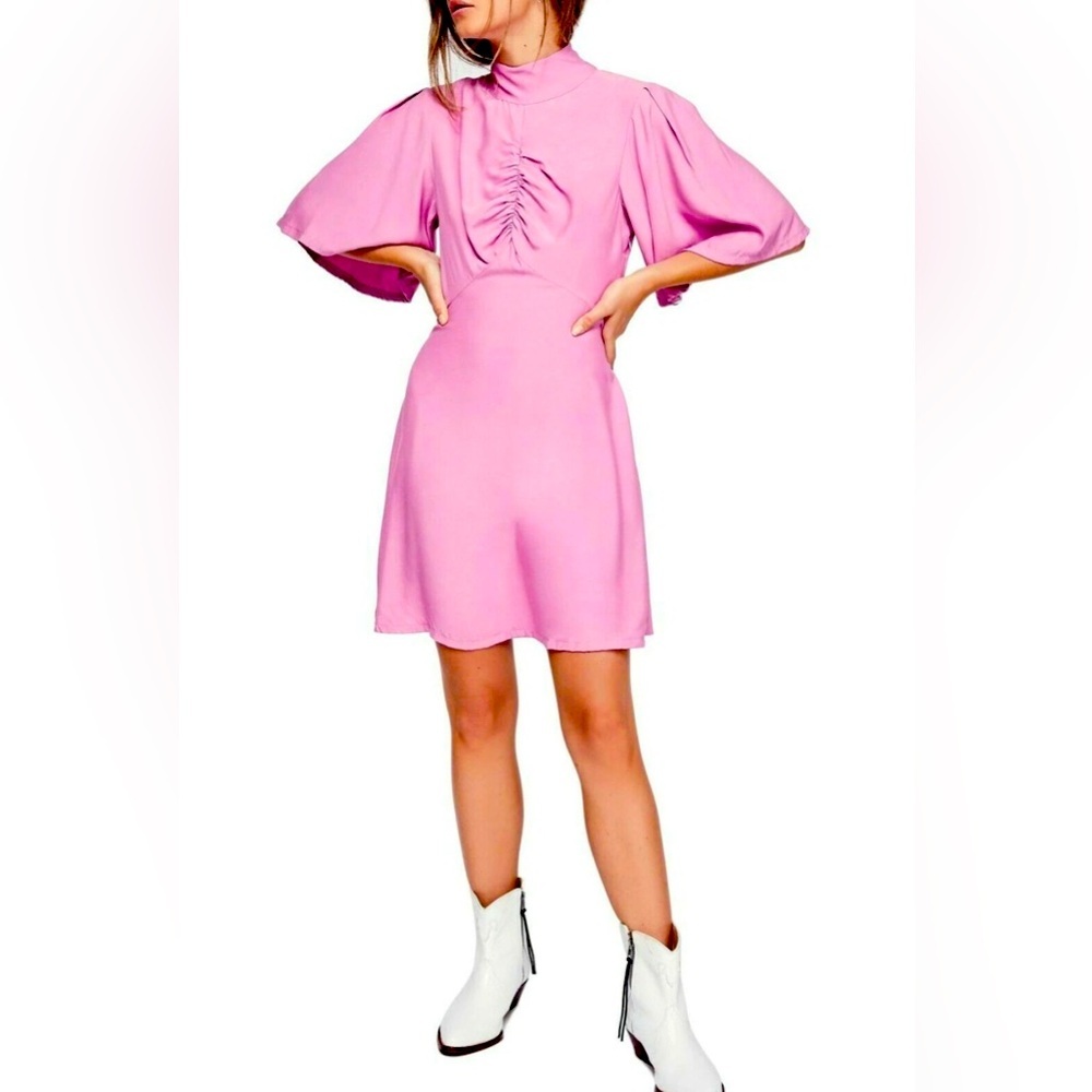 Free People Be My Baby Ruched Front Elbow Sleeve Dress‎ Size 8 Pink